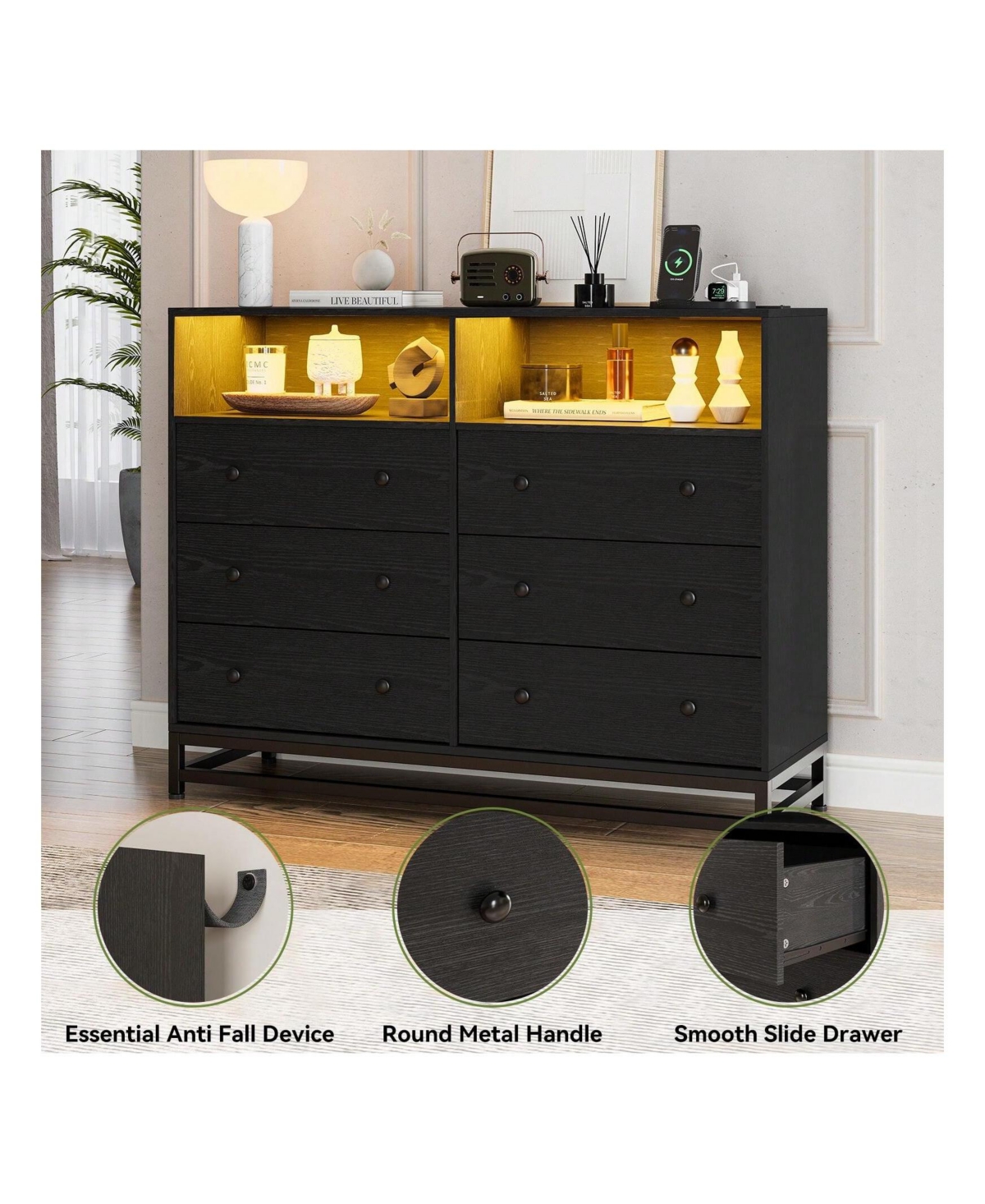 gaomon 6 Drawer Double Dresser Tv Stand, Bedroom Dresser With Power Outlet & Led Light, Wood Dresser For Room, Hallway, 47.2''W15.8''D36.2''H ( - Blac