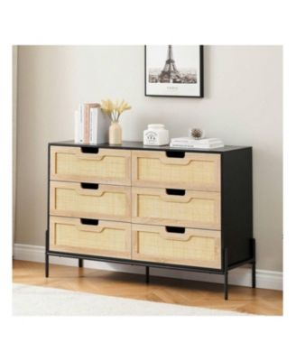 1-Pc 6-Drawer Dresser Wood Rattan Front Metal Legs Spacious Storage Chest