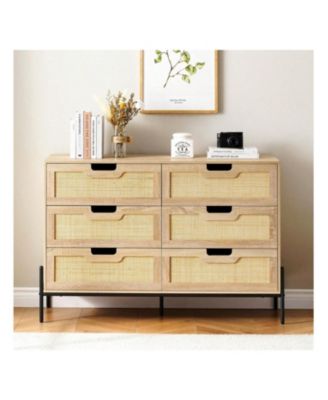 6 Drawers Wood Natural Rattan Drawer With Spacious Storage Dresser