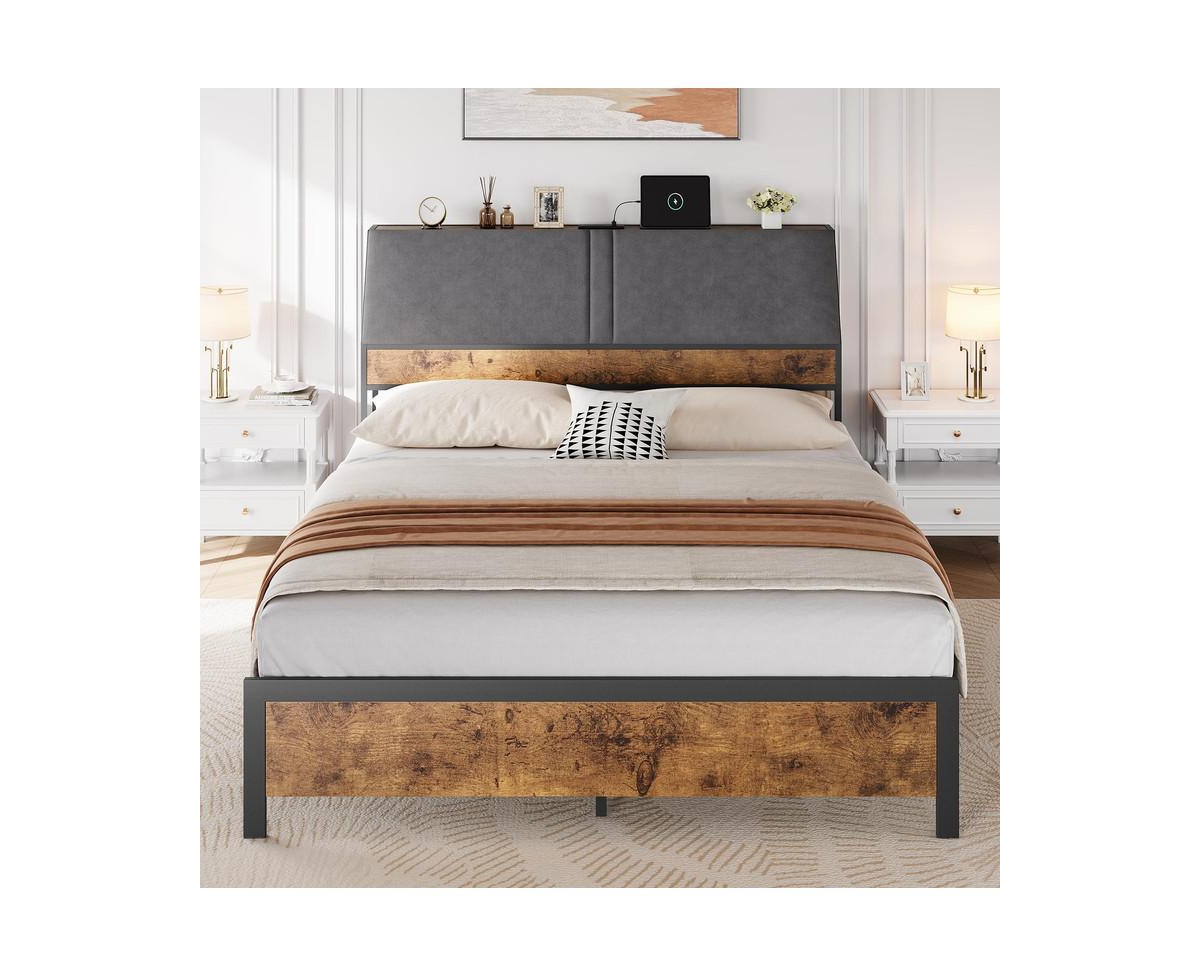gaomon Size Bed Frame with Ergonomic Headboard and Charging Station, Upholstered Platform Bed, Metal Industrial Bed Frame with Storage, No Box S