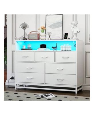 Dresser For Bedroom, Modern 7 Drawers Long Dresser With Charging Station And LED Lights Design