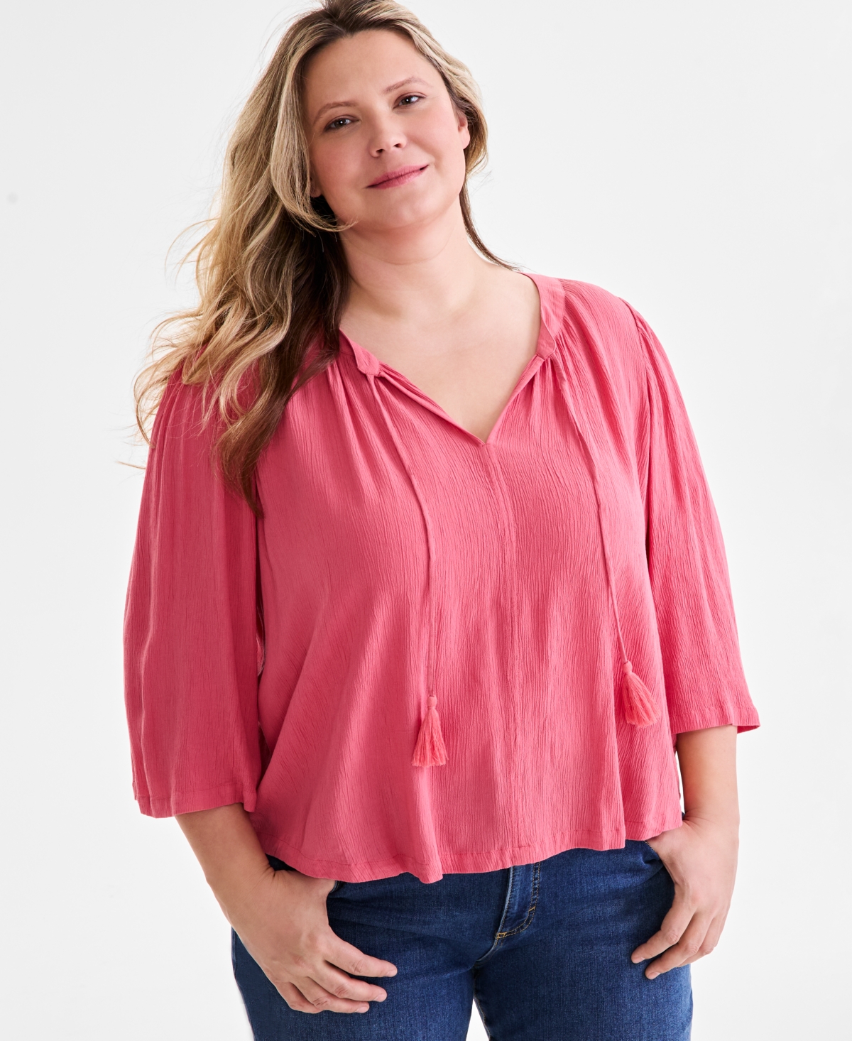 Style & Co Plus Size Printed 3/4-sleeve Top, Exclusively At Macy's In Red Granite