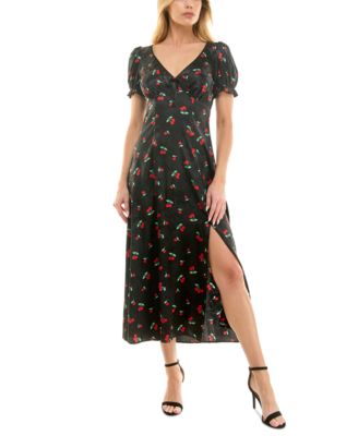 Crystal Doll - Juniors' Cherry Print Puff-Sleeve Midi Dress