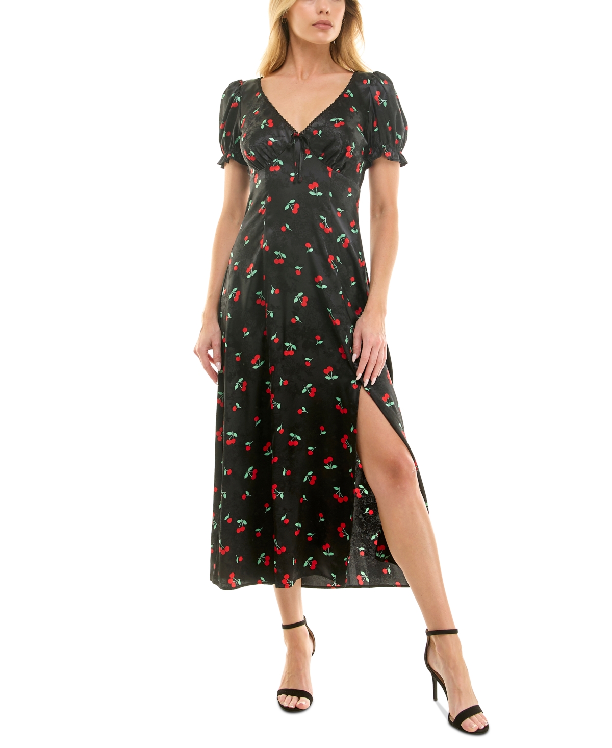 Juniors' Cherry Print Puff-Sleeve Midi Dress - Black/ Red