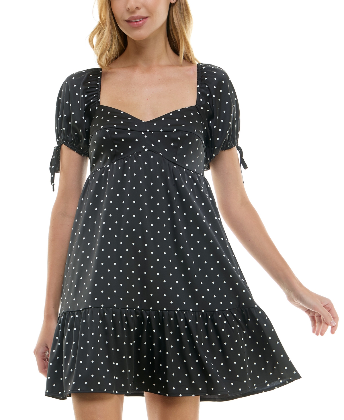 Juniors' Dot Print Puff-Sleeve A-Line Dress - Black/crea