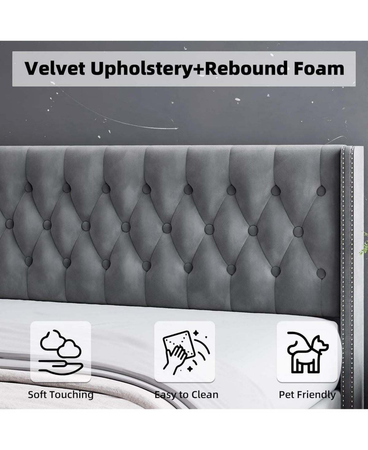 gaomon Bed Frame with Velvet Headboard Wingback Platform Bed Frame and Deep Button Tufted Headboard