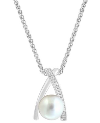 EFFY Collection - Cultured Freshwater Pearl (8mm) & Diamond (1/20 ct. t.w.) Crisscross 18" Pendant Necklace in Sterling Silver