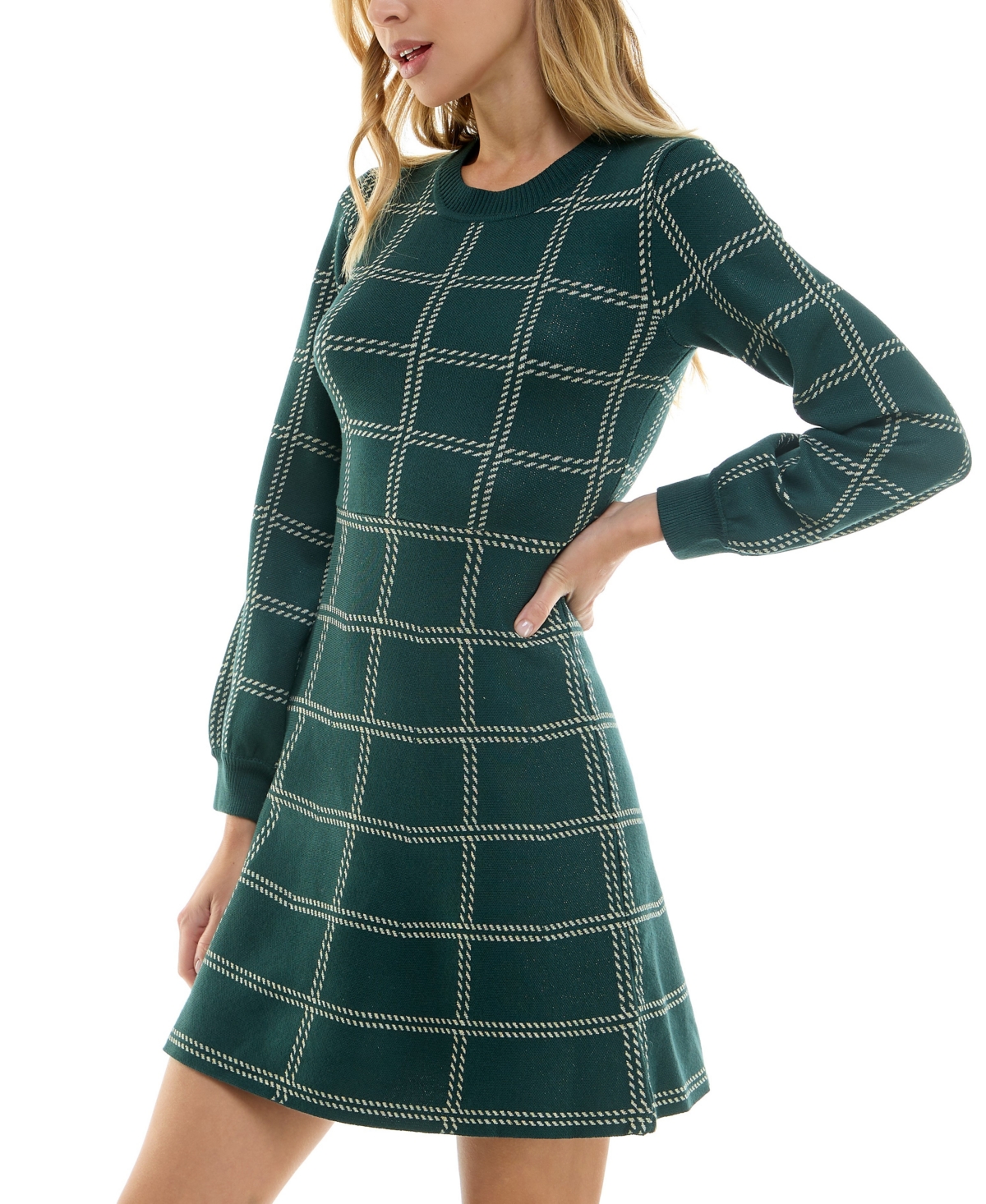 Crystal Doll Juniors' Windowpane Print Crewneck Long-Sleeve Sweater Dress -gld