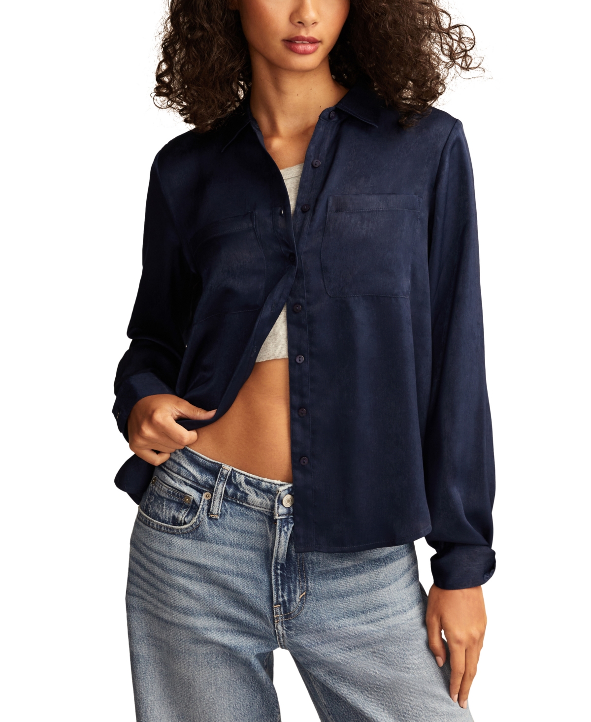 Shop Lucky Brand Women's Hammered-satin Button-down Shirt In Dress Blues