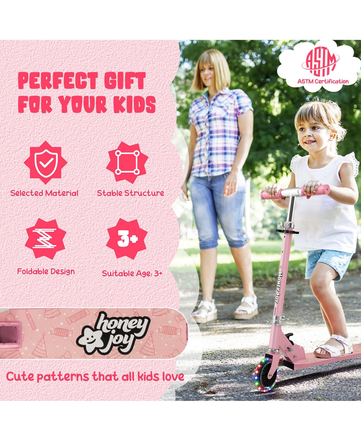 Gymax Folding Adjustable Height Kids Toy Kick Scooter Rear Brake 2 Flashing Wheels- Pink