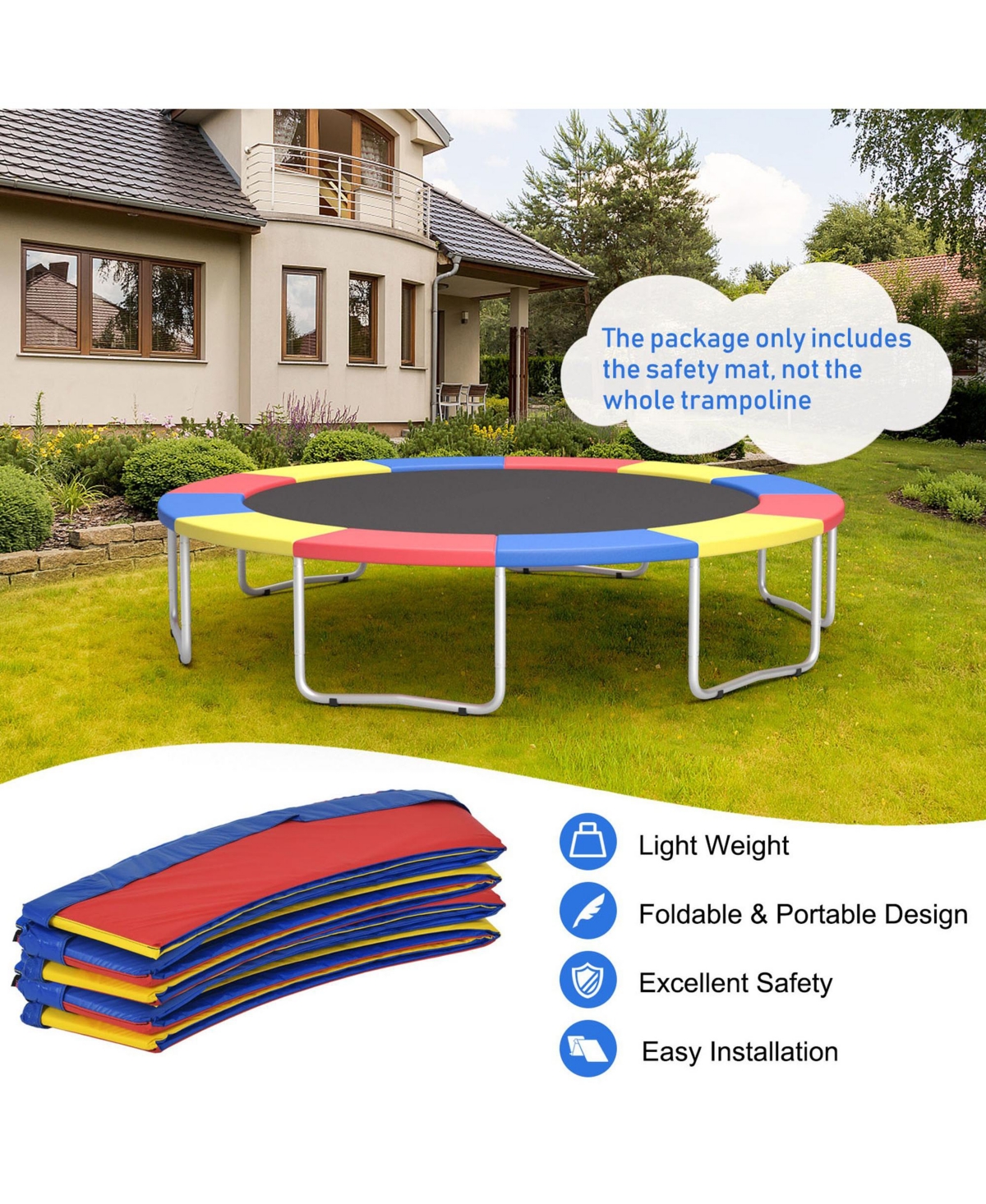 Gymax 15FT Trampoline Replacement Safety Pad Universal Trampoline Cover - Yellow+red+blue