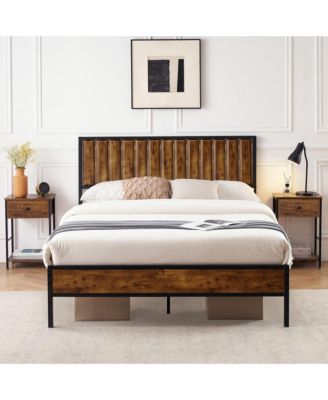Full Size Bed Frame with Wood Headboard, Platform Metal Bed Frame Full with 14 Heavy Duty Steel Slats