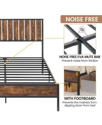 Full Size Bed Frame with Wood Headboard, Platform Metal Bed Frame Full with 14 Heavy Duty Steel Slats