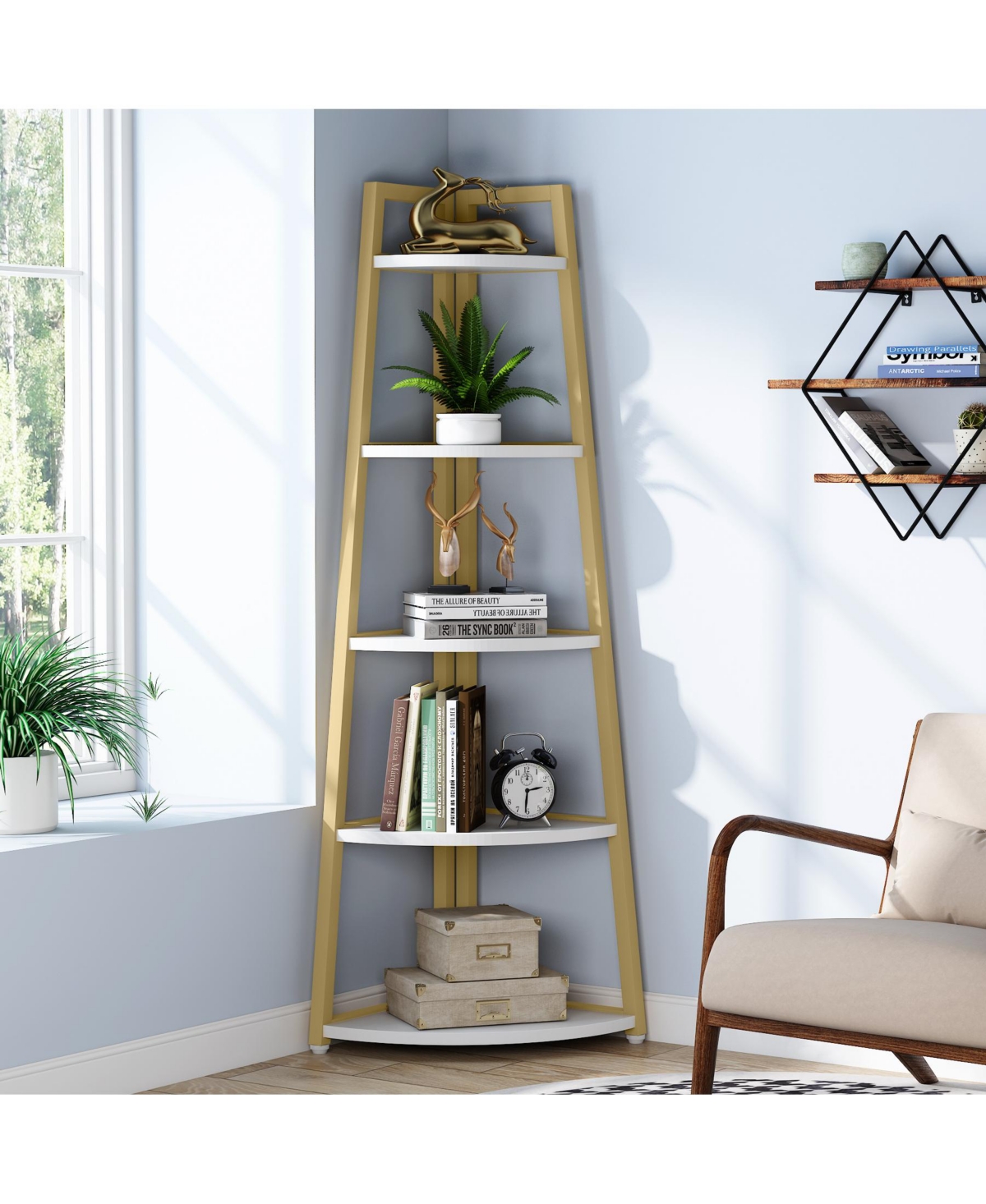 Tribesigns 5 Tier Industrial Corner Bookshelf Bookcase,70 inch Tall Corner Shelf,Industrial Corner Ladder Shelf Plant Stand - White and gold