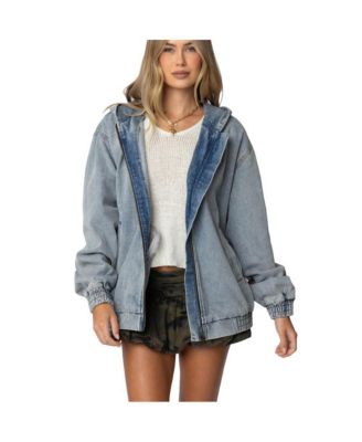 Edikted Womens Hooded Vintage Washed Denim Bomber Jacket