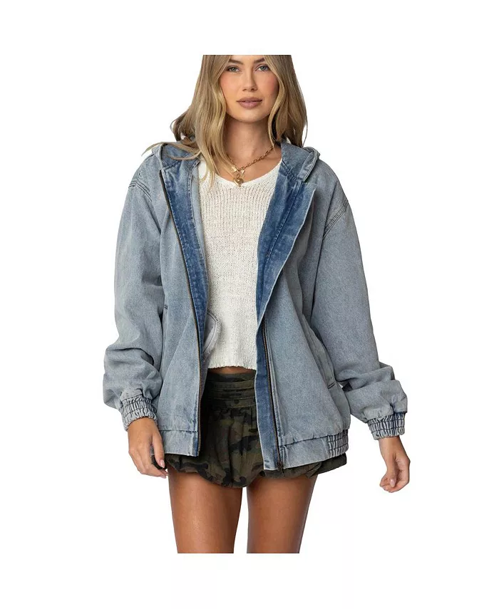 Womens Hooded Vintage Washed Denim Bomber Jacket