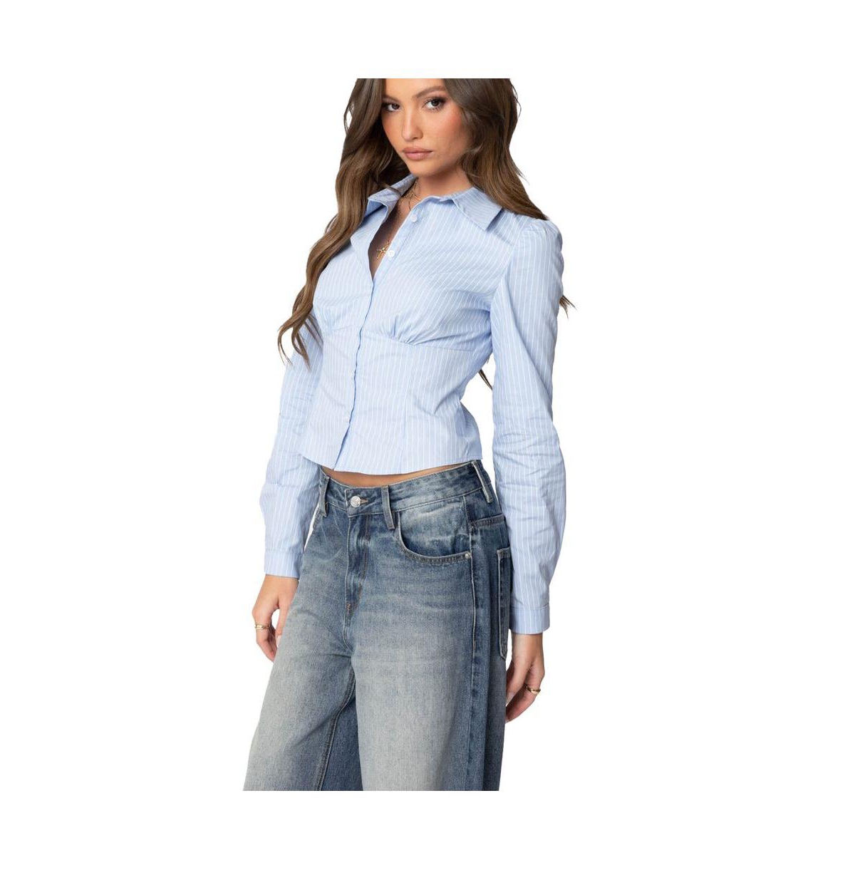Edikted Women's Tailored Pinstripe Button Up Shirt - Light-blue