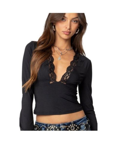 Женский топ Edikted Tina Lacey Plunge Neck, цвет: Чёрный