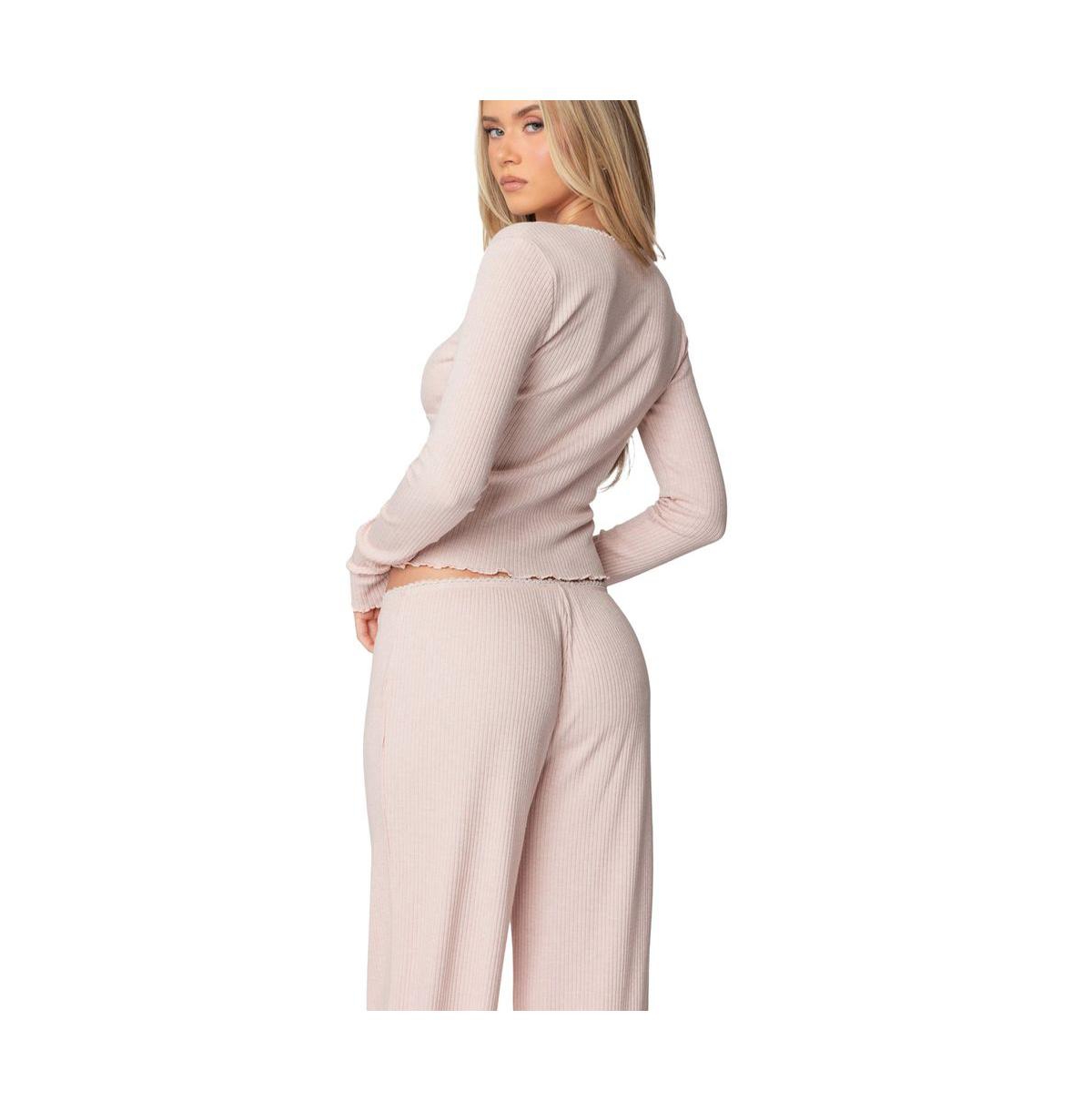Edikted Women's Roselle Ribbed V Neck Top - Light-pink