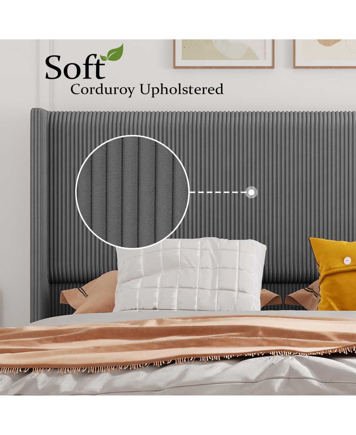gaomon Size Bed Frame, Upholstered Platform Corduroy Bed Frame with Vertical Channel Tufted Wingback Headboard