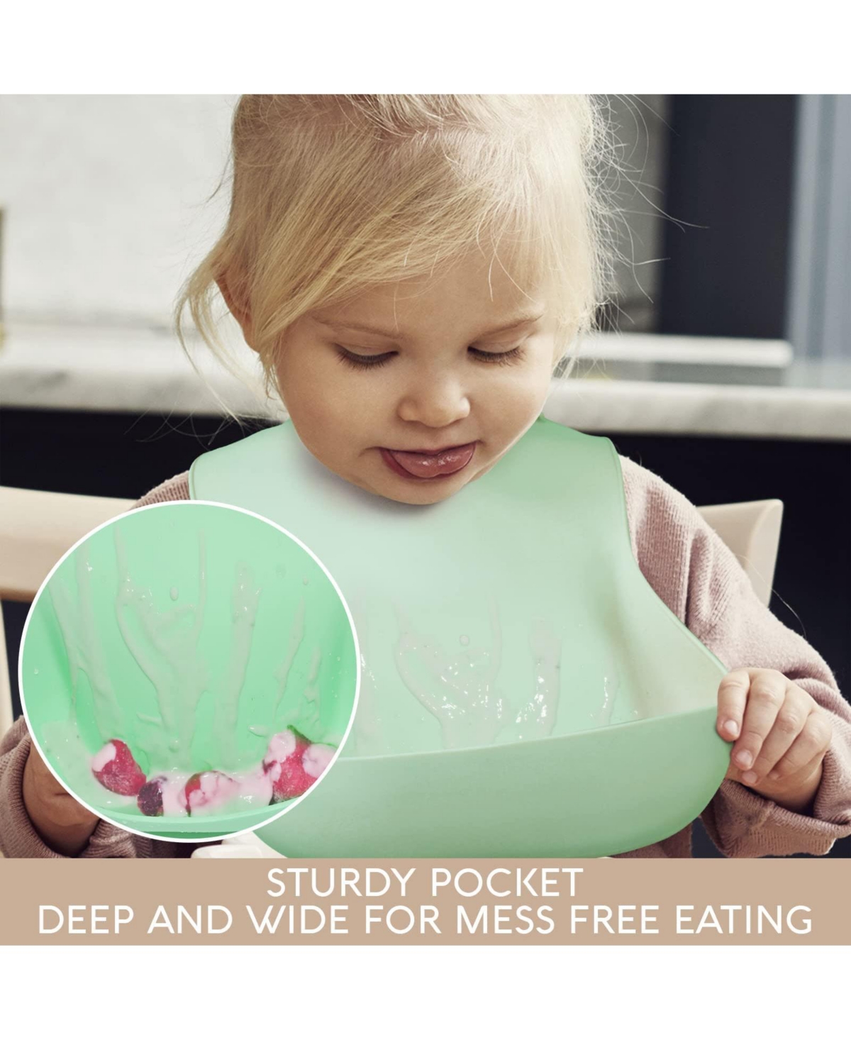 Sperric Silicone Baby Bibs - Soft Silicone Bib with Food Catcher and Waterproof Material - Adjustable Fit for Baby and Toddler -Pastel Grey