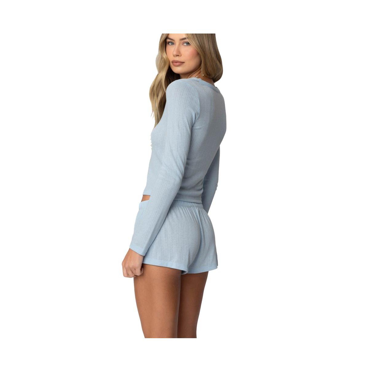 Edikted Women's Keely Pointelle Henley Top - Light-blue