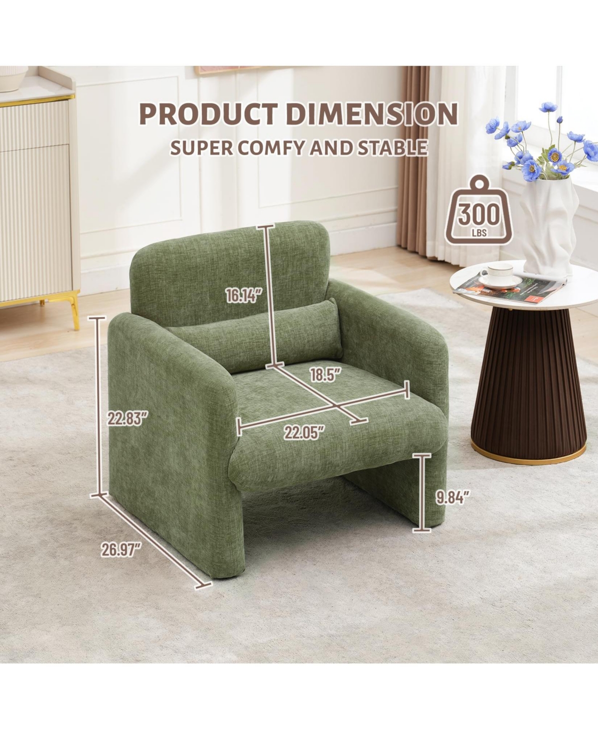 Modern Accent Chair, Chenille Upholstered Single Sofa Chair with Arms and Waist Pillow, Comfy Reading Armchair for Bedroom, Living Room, Office, or Ap