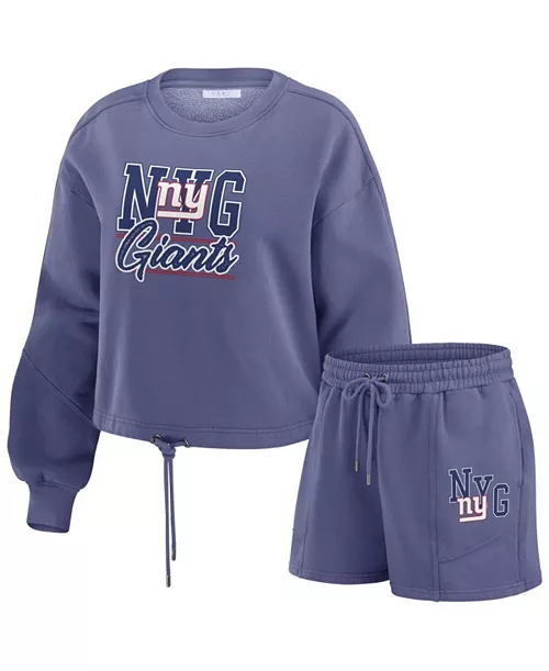 women's royal new york giants washed fleece long sleeve t-shirt shorts lounge set