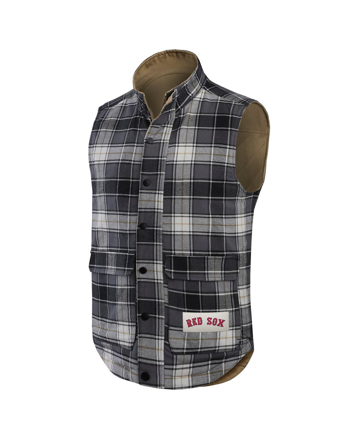 Darius Rucker Collection by Fanatics Men'sCharcoal Boston Red Sox Reversible Canvas Plaid Patch Full-Zip Vest - Tan, Charcoal