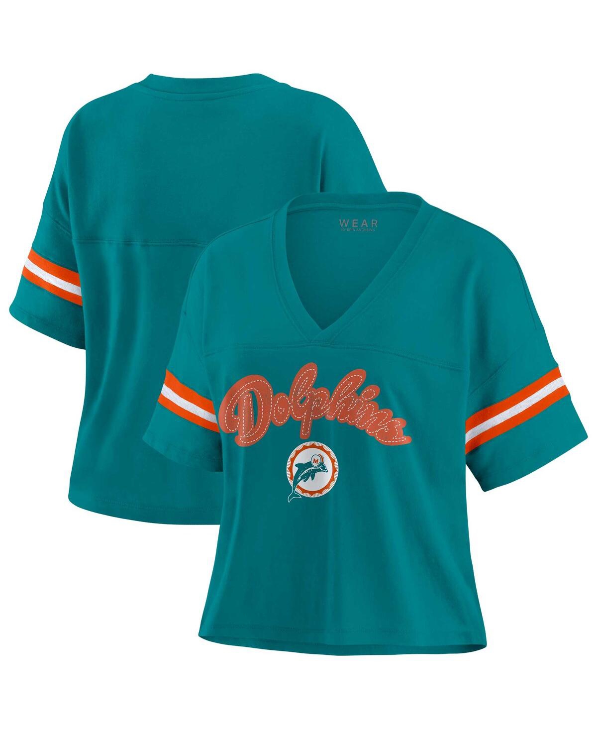 Wear By Erin Andrews Women's Aqua Miami Dolphins Plus Size Color Block Boxy V-neck T-shirt In Aqua