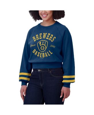 Women's Navy Milwaukee Brewers Vintage Washed Cropped Pullover Sweatshirt