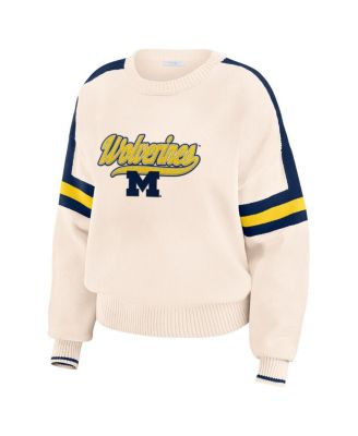 Women's Cream Michigan Wolverines Chenille Woven Patch Stripe Pullover Sweatshirt