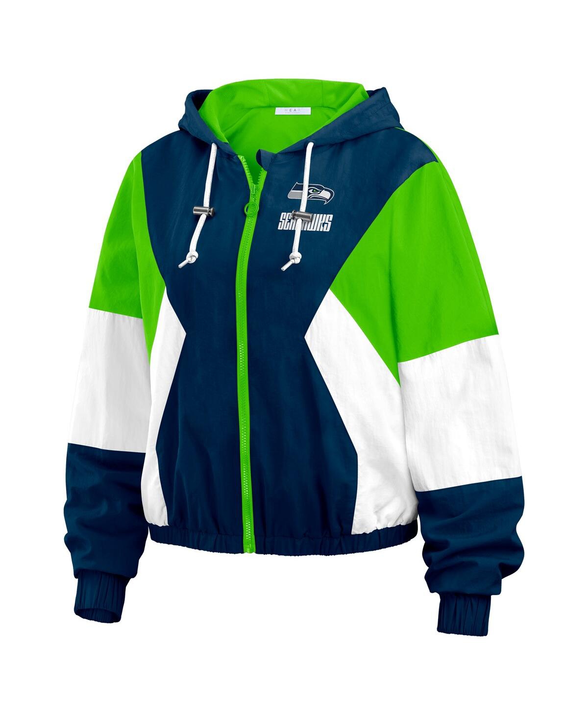 Wear By Erin Andrews Women's College Seattle Seahawks Plus Size Color Block Full-zip Windbreaker Jacket In Royal,light Green
