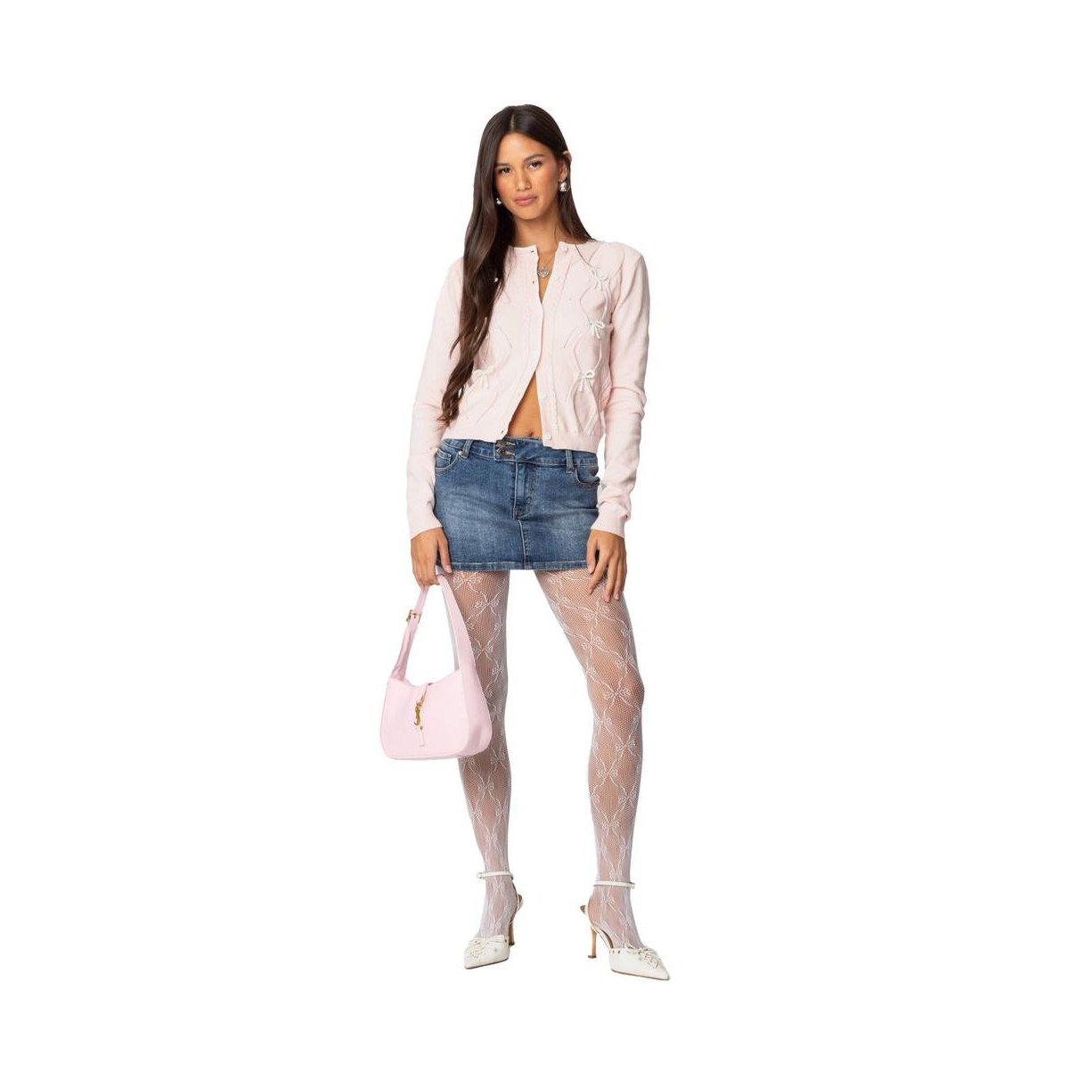 Edikted Women's Contrast Bow Knit Cardigan - Light-pink