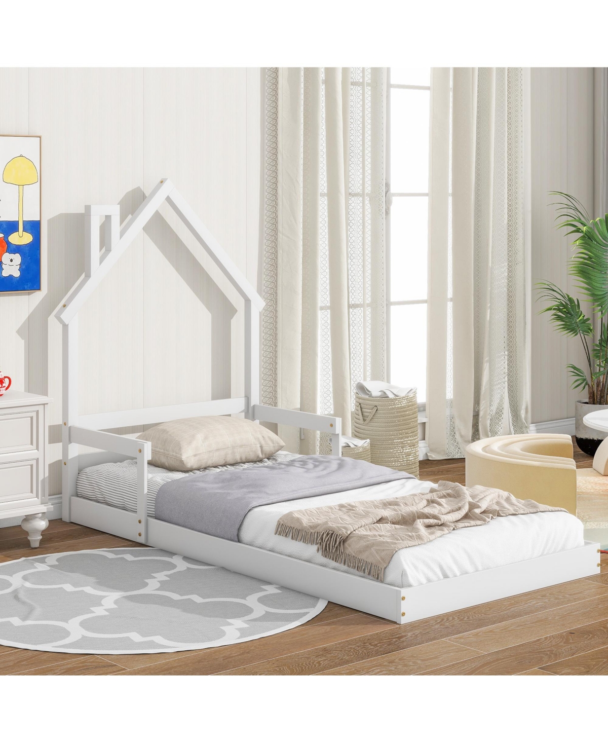 Slickblue Twin House-Shaped Floor Bed with Headboard and Handrails - Stylish and Safe Sleeping Solution for Kids, Includes Slats
