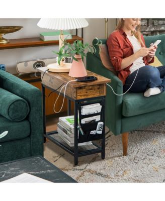 End Table with USB Charging Station, Flip Top, Side Pocket – Industrial Nightstand