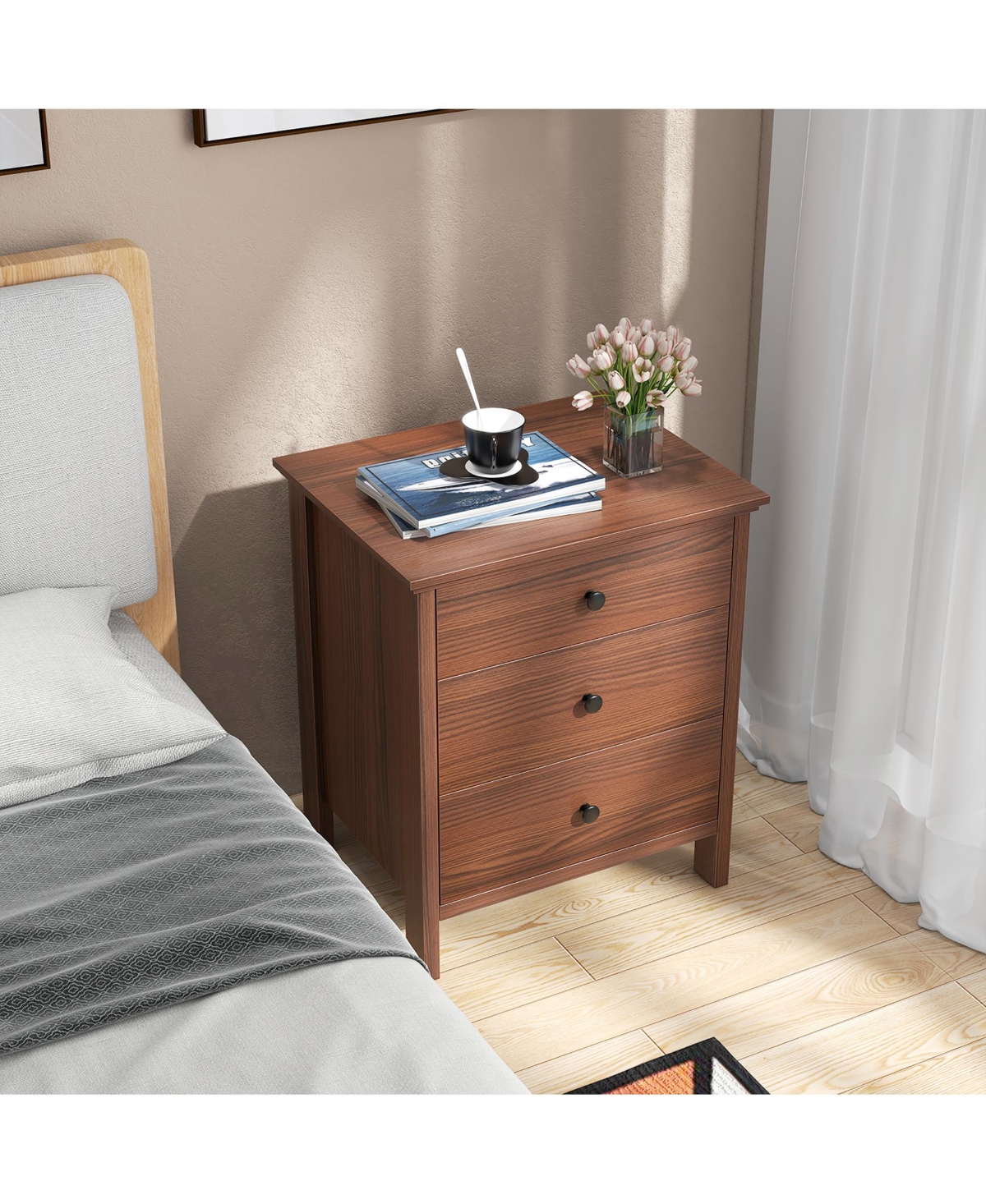 Gymax Set of 2 3-Drawer Nightstands Wooden Bedside Table Modern Side End Table Walnut