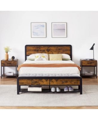 Queen Size Metal Bed Frame with Rounded Corners, Platform Frame with Storage Bench, Double Bed Frame for Bedroom, No Box Spring Required