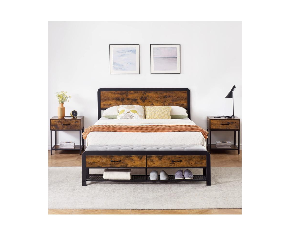 gaomon Size Metal Bed Frame with Rounded Corners, Platform Frame with Storage Bench, Double Bed Frame for Bedroom, No Box Spring Required - Brow