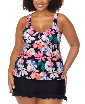 Trendy Plus Size Rimini Printed Tankini Top Echo Ruffled Swim Skirt