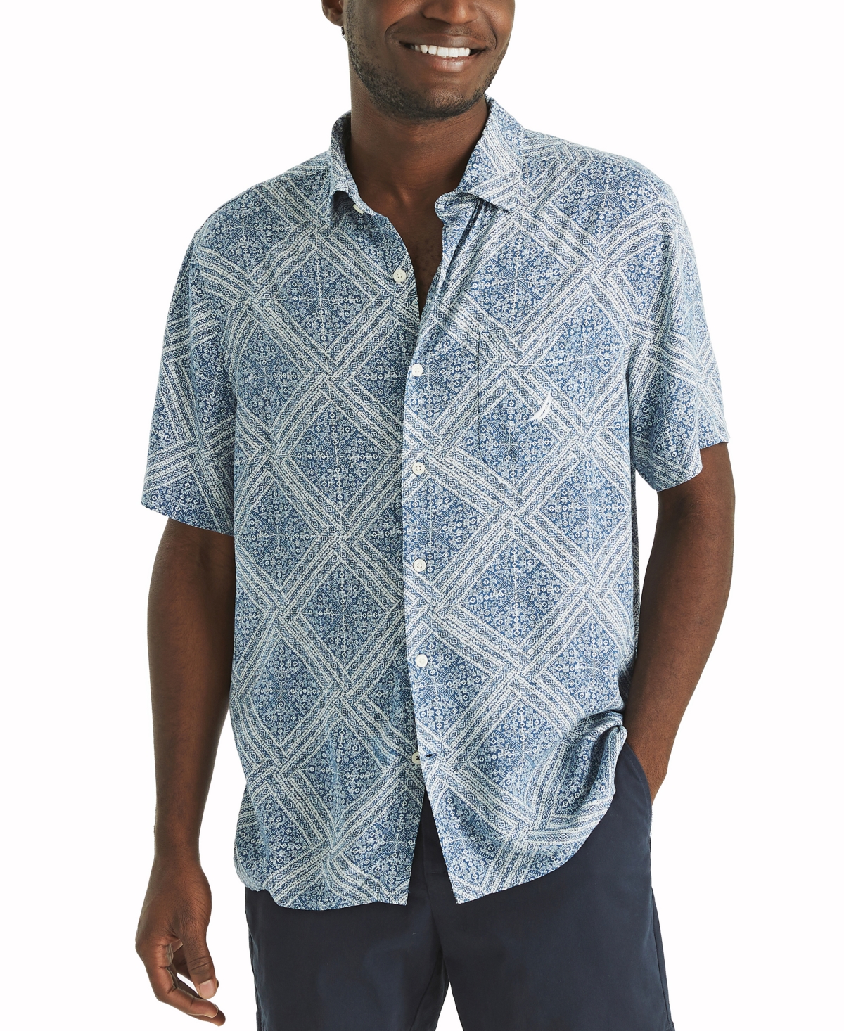 Men's Printed Linen Short Sleeve Shirt - Estate Blue