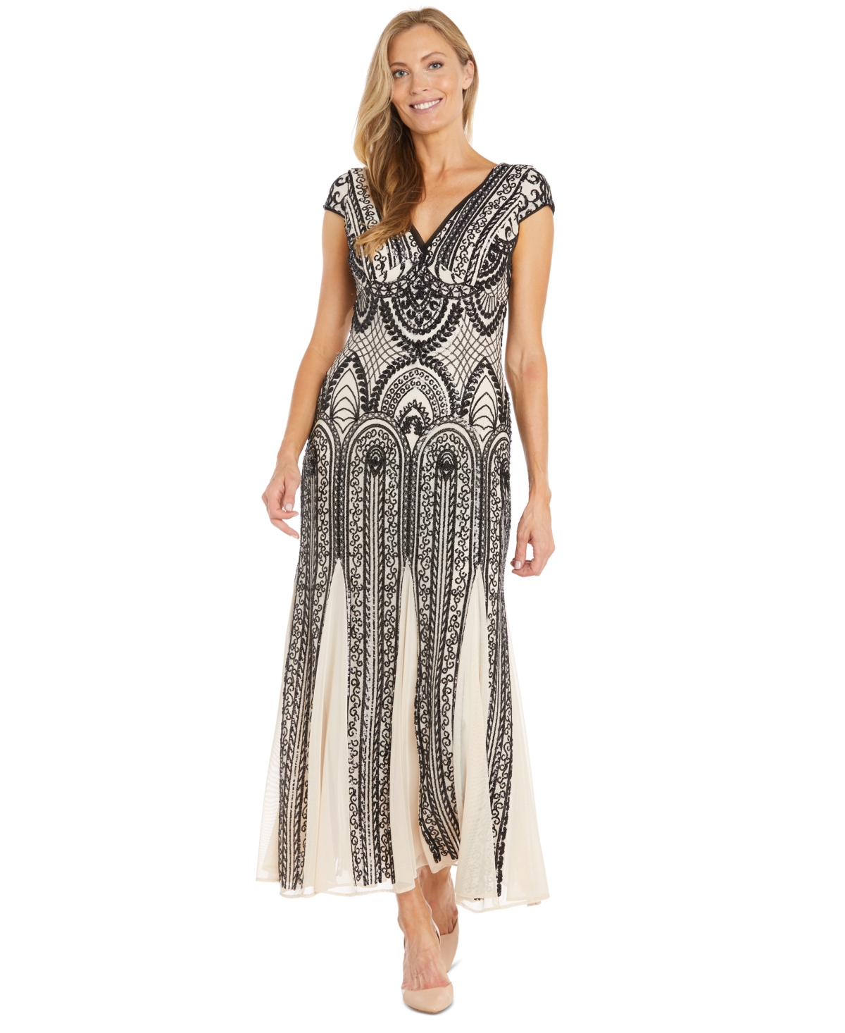 Women's Sequin-Design Cap-Sleeve Gown - Champagne/Black