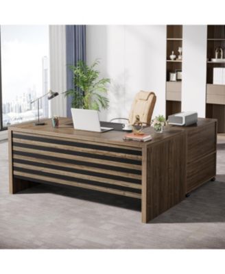 62.2" MDF L-Shaped Mobile File Cabinet, Storage Shelves & Lockable Casters Executive Desk