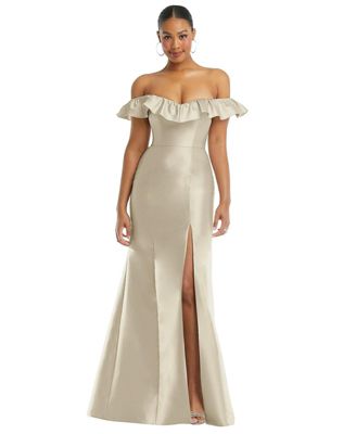 Women's Off-the-Shoulder Ruffle Neck Satin Trumpet Gown
