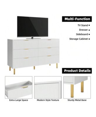 6 Drawer Dresser For Bedroom, 56" Wide Wood Dresser Organizer With Metal Legs, Modern Chest Of Drawers For Bedroom, Hallway, Home Office