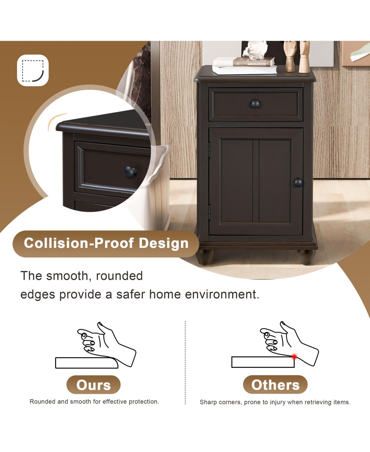 Streamdale Furniture End Table with Solid Wood Legs, Side Table with Usb Ports, Storage Cabinet and Drawer for Living Room,- Ant