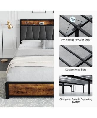 King Size Bed Frame with Storage Linen Upholstered Headboard, 4 Drawers Platform Bed Frame