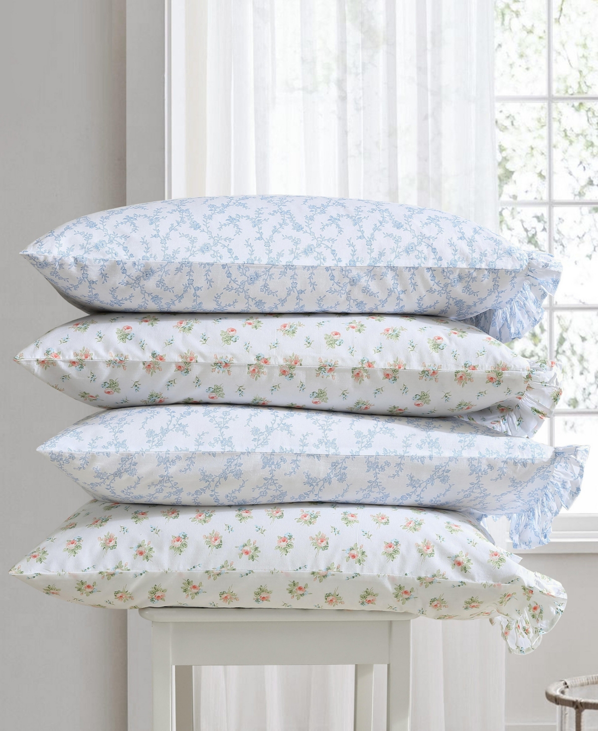 Laura Ashley 200-thread Count Cotton Percale 3 -pc. Sheet Set, Twin In Roseford Ruffled Hem