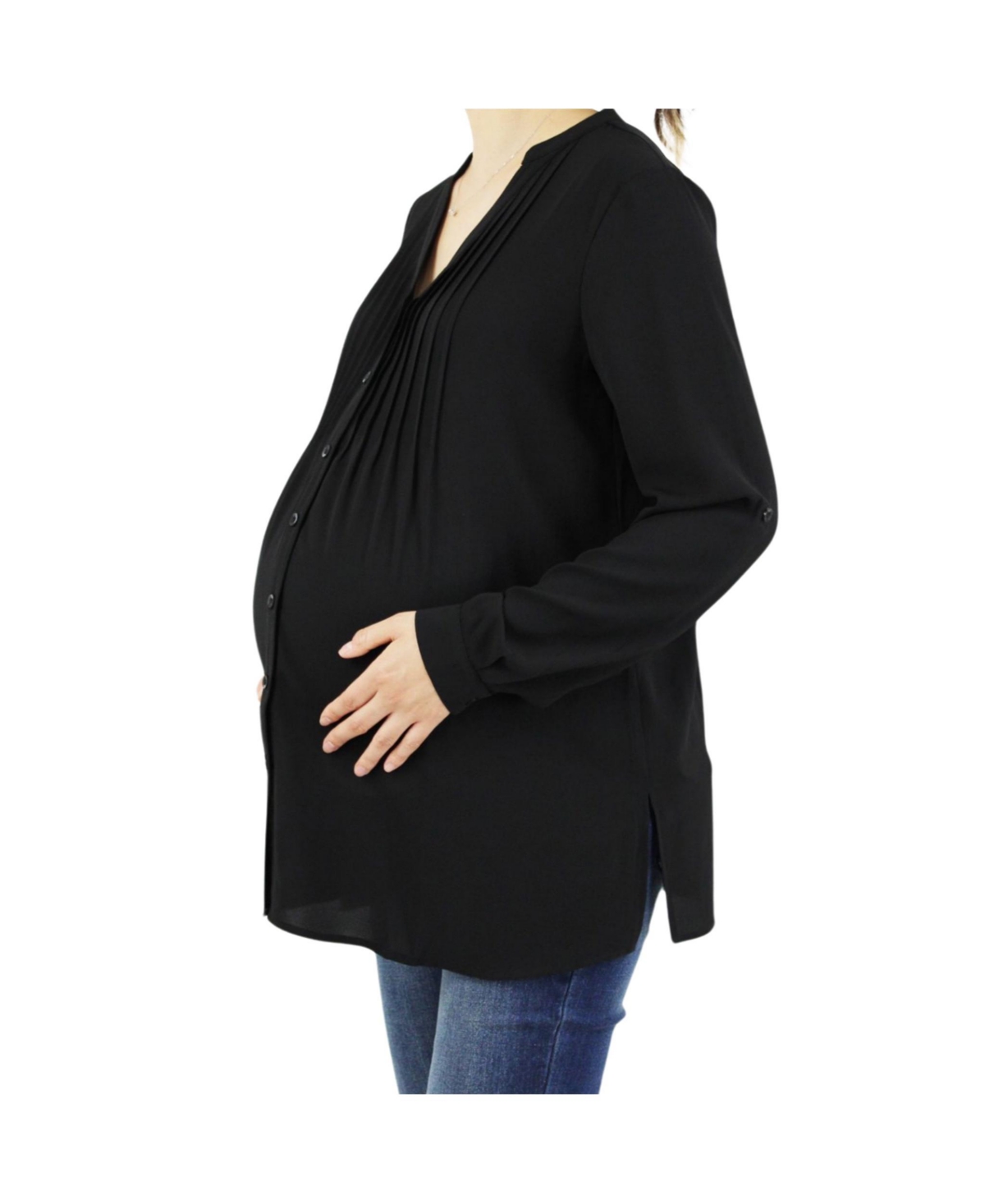 Maternity Pleated Convertible Sleeves Top - Black