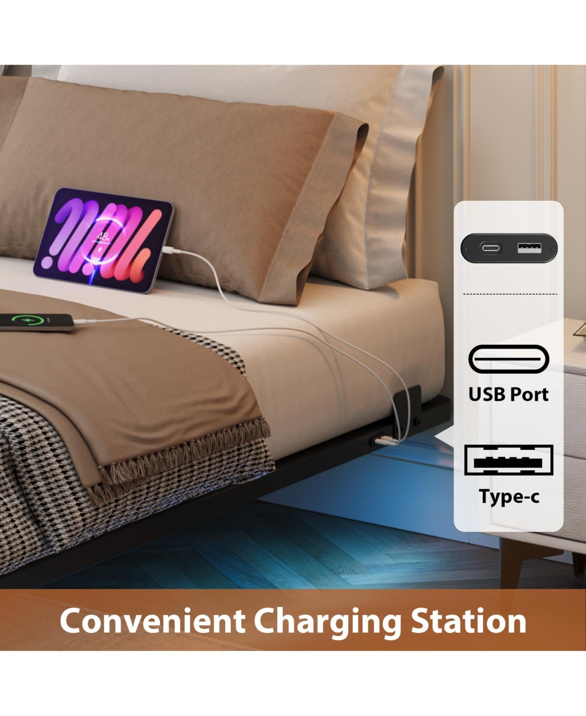 gaomon Floating Bed Frame, Size Bed Frame with Led Lights, Charging Station, Metal Platform Bed Frame